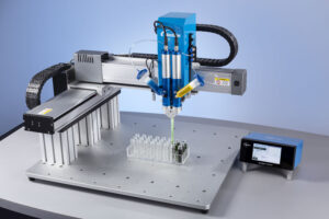 2K 797PCP Pump Filling into Vial with Controller Nordson EFD Introduces the 797PCP Progressive Cavity Pump Systems for Continuous Volumetric Dispensing of 1K and 2K fluids