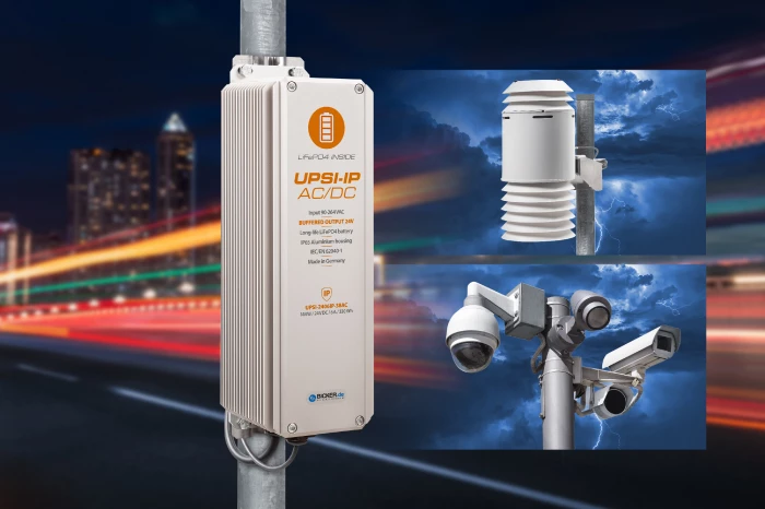 Outdoor AC/DC UPS for mast mounting protects 24V security and measurement technology